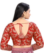 Women's Premium Pure Dola Silk Jacquard Embroidered Readymade Blouse | Padded | Long Sleeves | V Neck | Size 38 (36–40 Alterable)