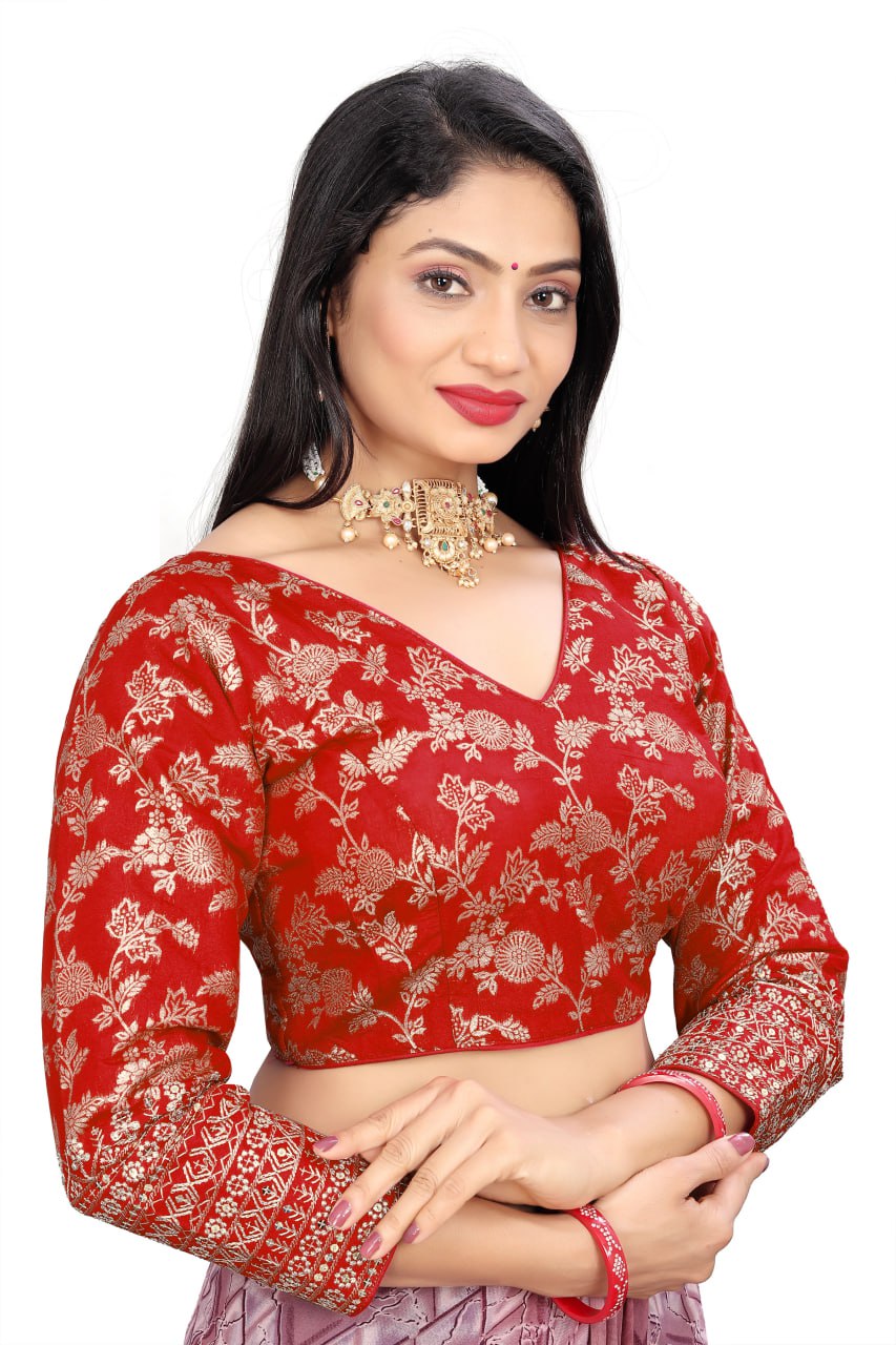 Women's Premium Pure Dola Silk Jacquard Embroidered Readymade Blouse | Padded | Long Sleeves | V Neck | Size 38 (36–40 Alterable)