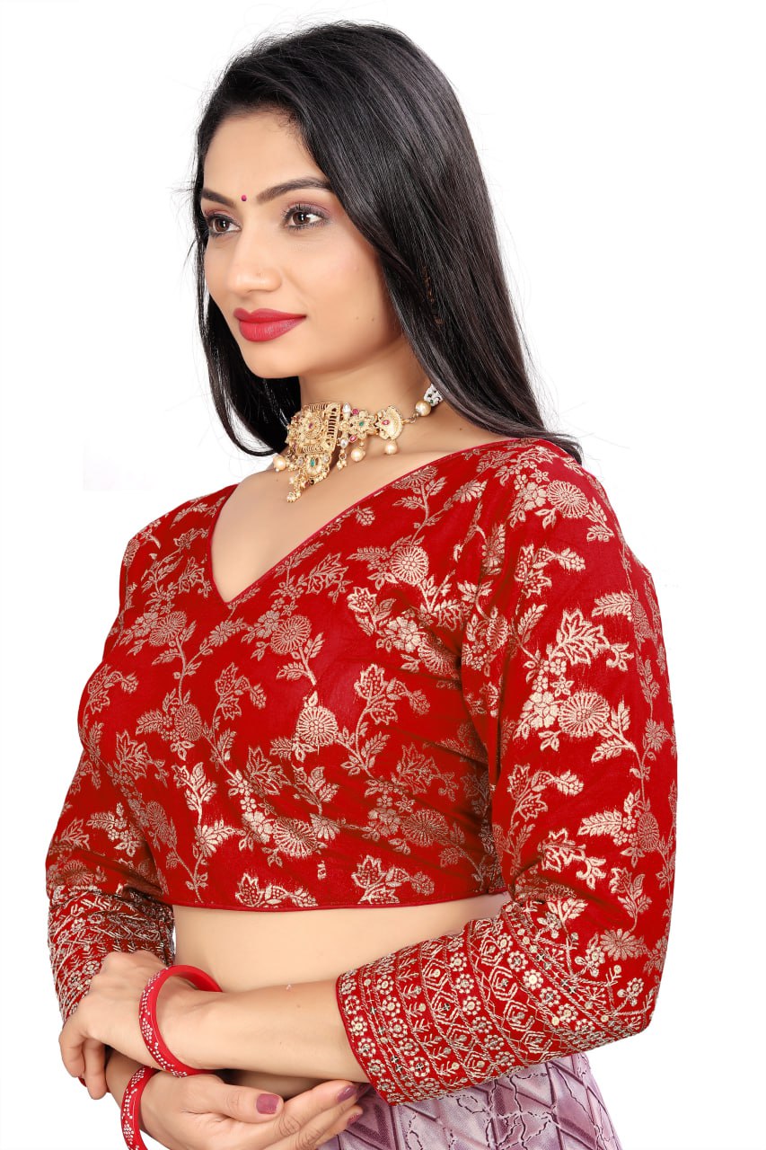 Women's Premium Pure Dola Silk Jacquard Embroidered Readymade Blouse | Padded | Long Sleeves | V Neck | Size 38 (36–40 Alterable)
