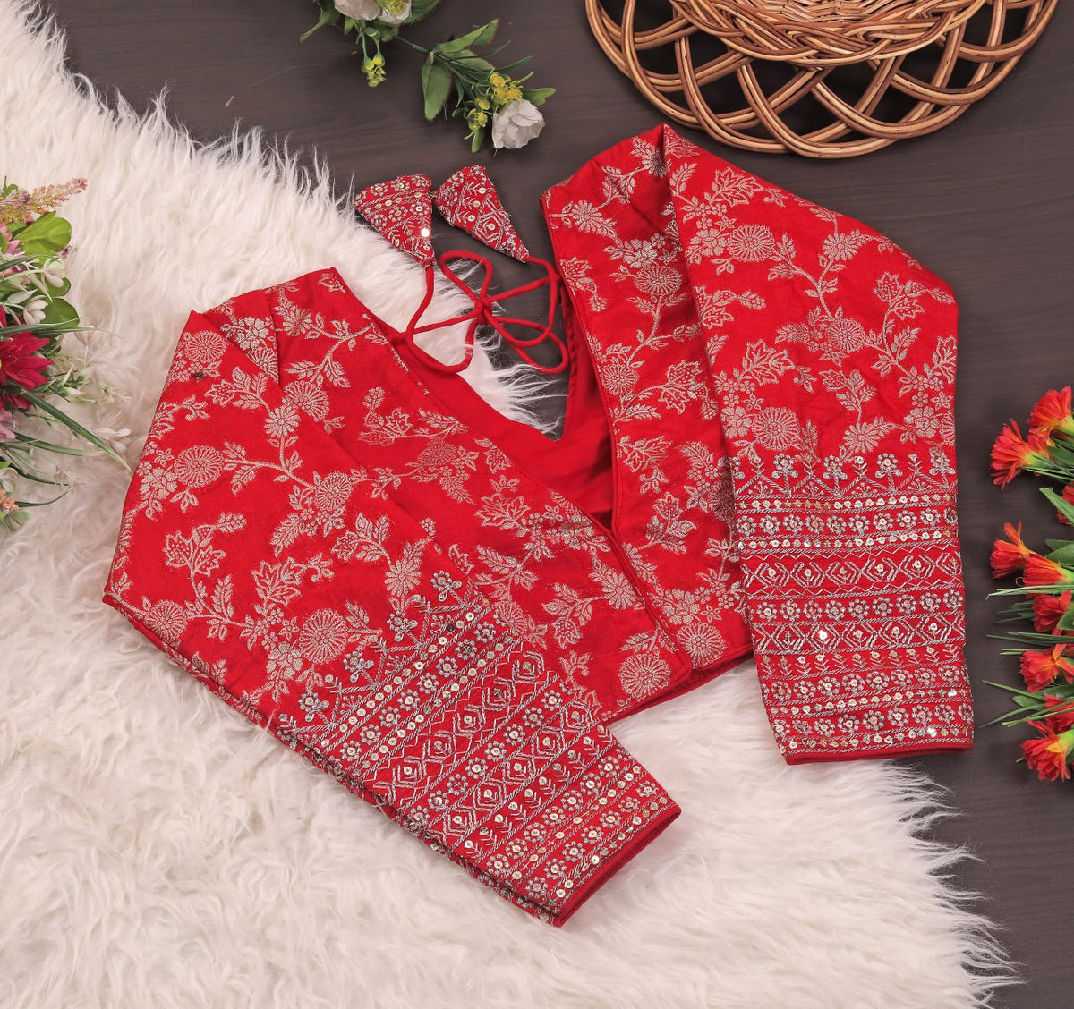 Women's Premium Pure Dola Silk Jacquard Embroidered Readymade Blouse | Padded | Long Sleeves | V Neck | Size 38 (36–40 Alterable)