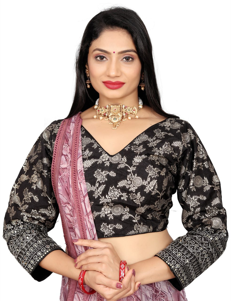 Women's Premium Pure Dola Silk Jacquard Embroidered Readymade Blouse | Padded | Long Sleeves | V Neck | Size 38 (36–40 Alterable)