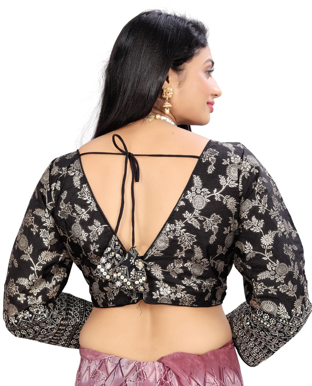 Women's Premium Pure Dola Silk Jacquard Embroidered Readymade Blouse | Padded | Long Sleeves | V Neck | Size 38 (36–40 Alterable)
