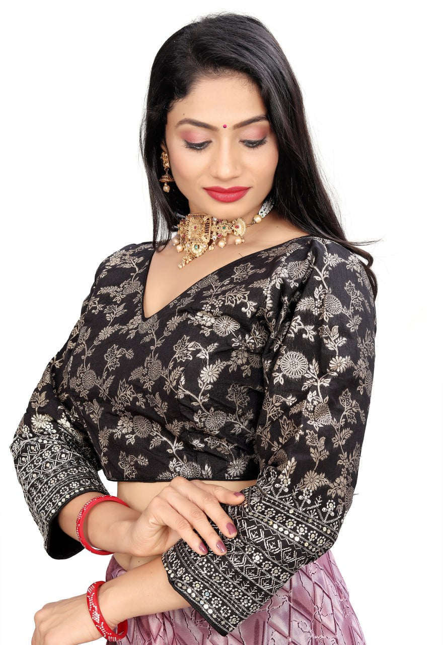 Women's Premium Pure Dola Silk Jacquard Embroidered Readymade Blouse | Padded | Long Sleeves | V Neck | Size 38 (36–40 Alterable)