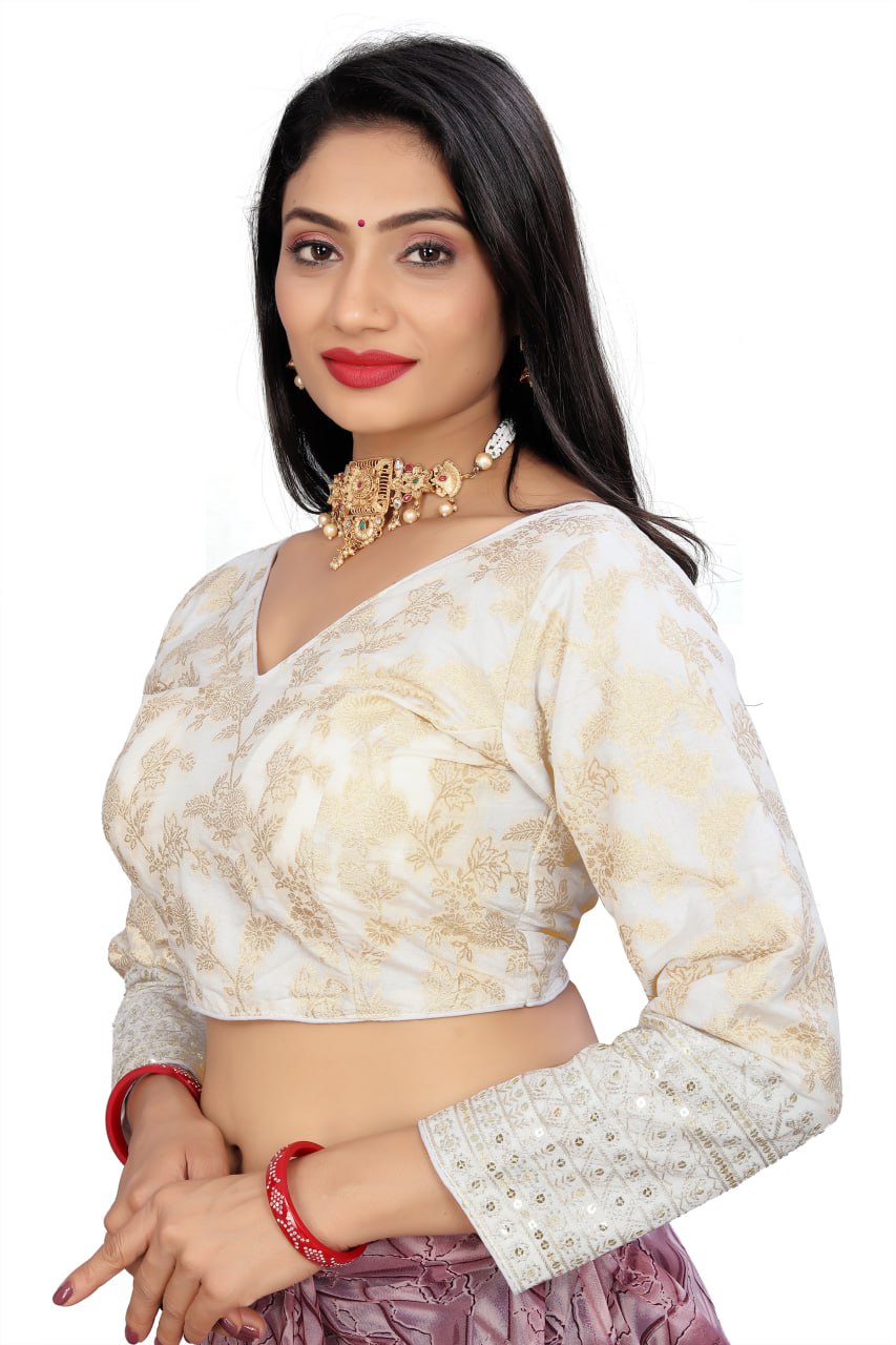 Women's Premium Pure Dola Silk Jacquard Embroidered Readymade Blouse | Padded | Long Sleeves | V Neck | Size 38 (36–40 Alterable)