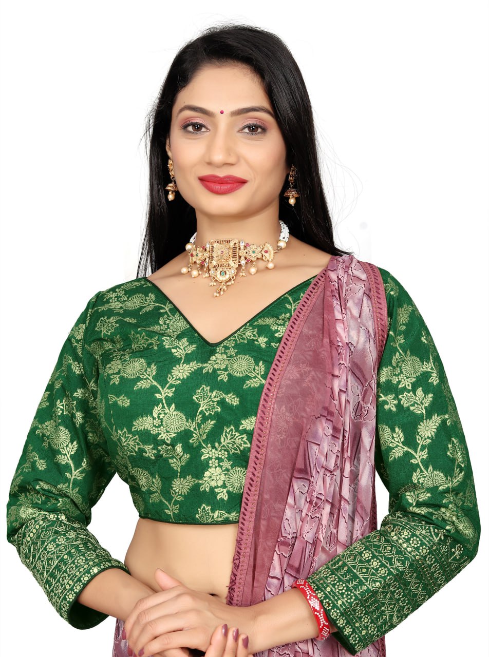 Women's Premium Pure Dola Silk Jacquard Embroidered Readymade Blouse | Padded | Long Sleeves | V Neck | Size 38 (36–40 Alterable)