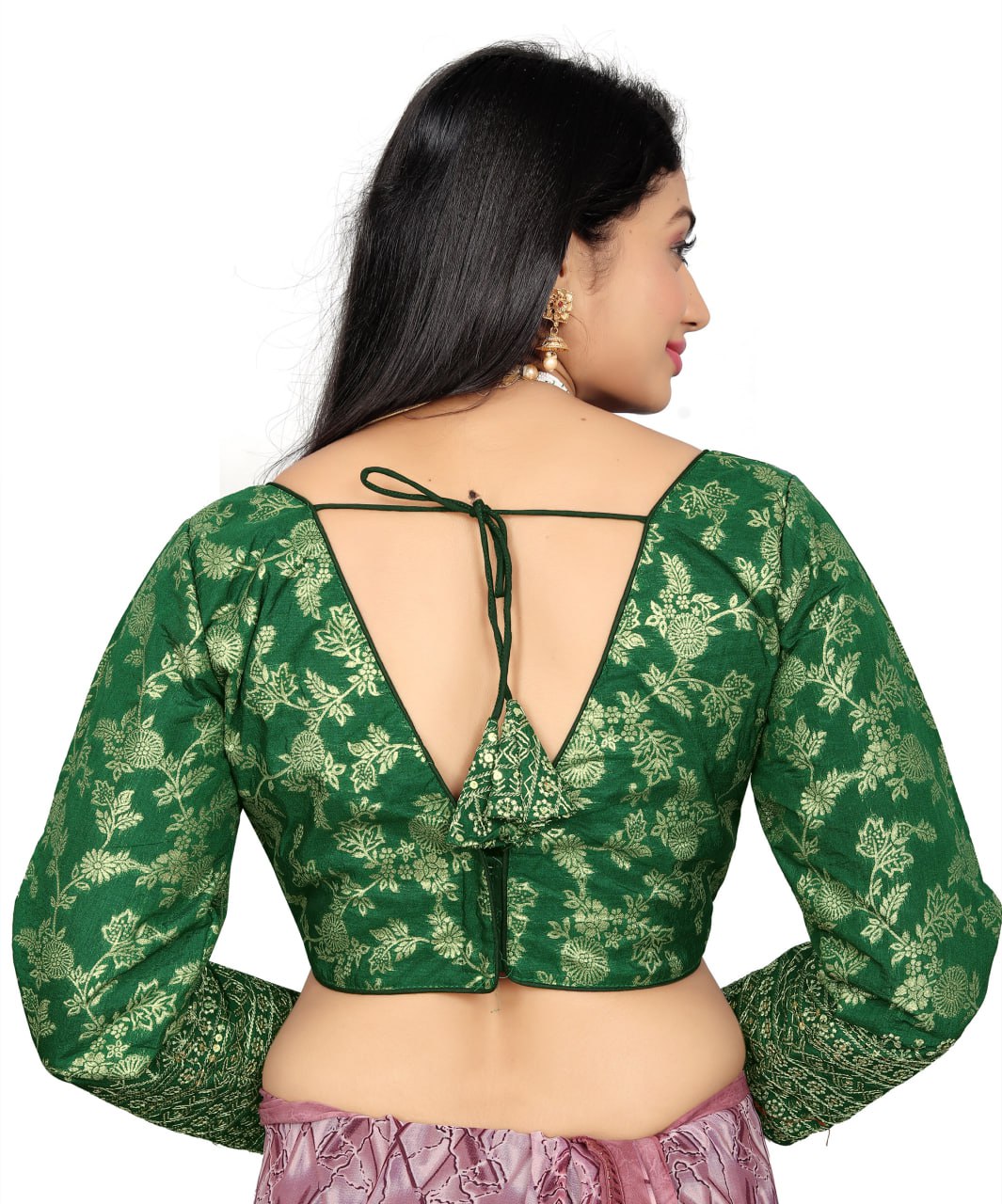 Women's Premium Pure Dola Silk Jacquard Embroidered Readymade Blouse | Padded | Long Sleeves | V Neck | Size 38 (36–40 Alterable)