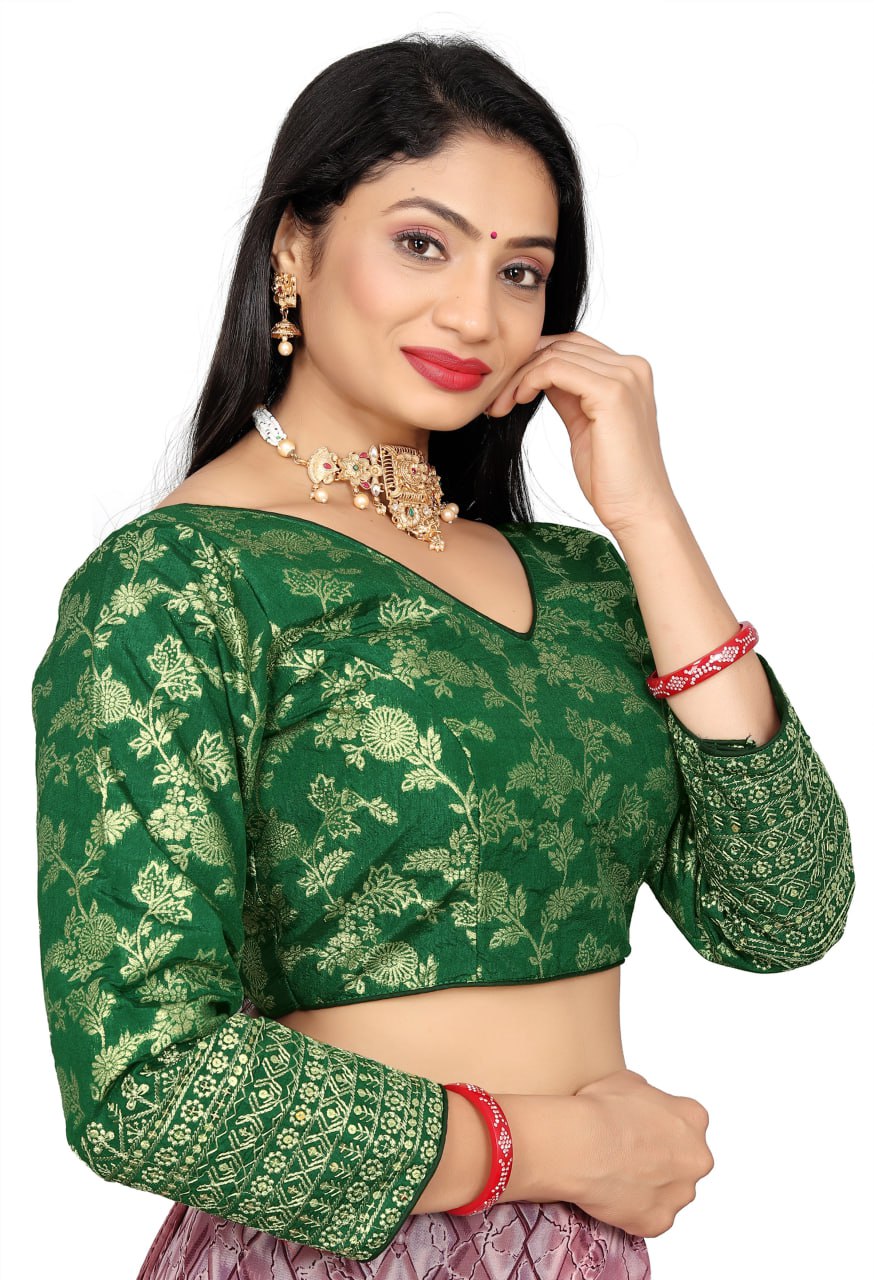 Women's Premium Pure Dola Silk Jacquard Embroidered Readymade Blouse | Padded | Long Sleeves | V Neck | Size 38 (36–40 Alterable)