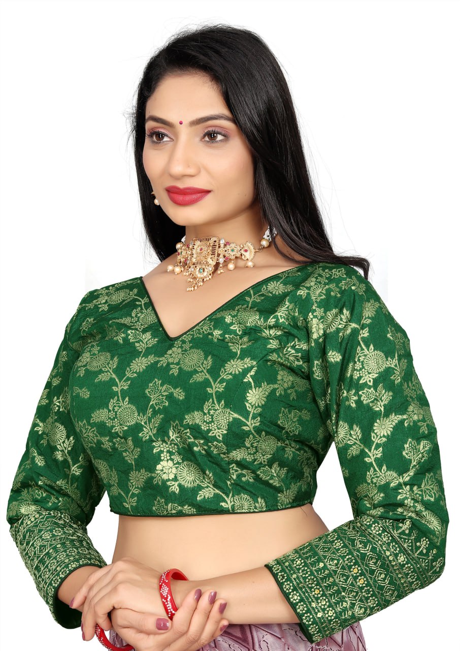 Women's Premium Pure Dola Silk Jacquard Embroidered Readymade Blouse | Padded | Long Sleeves | V Neck | Size 38 (36–40 Alterable)