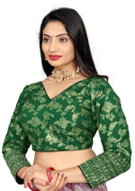 Women's Premium Pure Dola Silk Jacquard Embroidered Readymade Blouse | Padded | Long Sleeves | V Neck | Size 38 (36–40 Alterable)