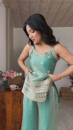 FRENDY SILK FABRIC WITH EMBROIDERY SEQUENCE DORI AND JARI WORK, TOP WITH DUPPTA SET, BELL BOTTOM PENT READY TO WEAR