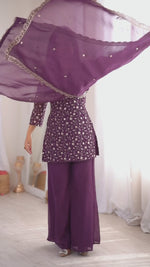 CRUNCHY SILK FABRIC WITH EMBROIDERY SEQUENCE AND JARI WORK, TOP WITH DUPPTA SET, BELL BOTTOM PENT READY TO WEAR