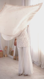 CRUNCHY SILK FABRIC WITH EMBROIDERY SEQUENCE AND JARI WORK, TOP WITH DUPPTA SET, BELL BOTTOM PENT READY TO WEAR
