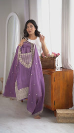NC VICHITRA SILK FABRIC WITH EMBROIDERY SEQUENCE,DORI AND JARI WORK TOP,DUPPTA SET WITH FARSHI SHALWAR READY TO WEAR