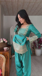 NC VICHITRA SILK FABRIC WITH EMBROIDERY SEQUENCE,DORI AND JARI WORK TOP,DUPPTA SET WITH FARSHI SHALWAR READY TO WEAR