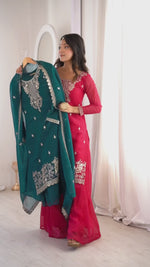 Teal Blue & Dark Rani Heavy Embroidered Crunchy Silk Kurta Sharara Set with Dupatta | Sequence, Thread & Zari Work | Ready to Wear